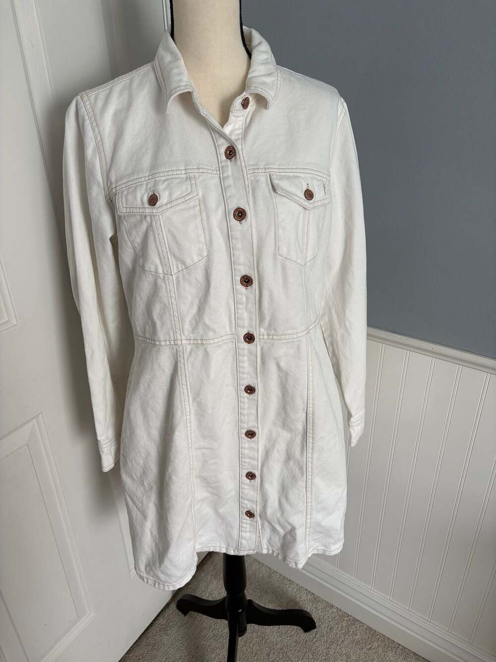 Frye Long Sleeve Denim Button-Front Mini Dress in White
